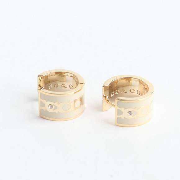 BRAND NEW COACH SIGNATURE ENAMEL HOOP EARRING GOLD/IVORY - Picture 4 of 9